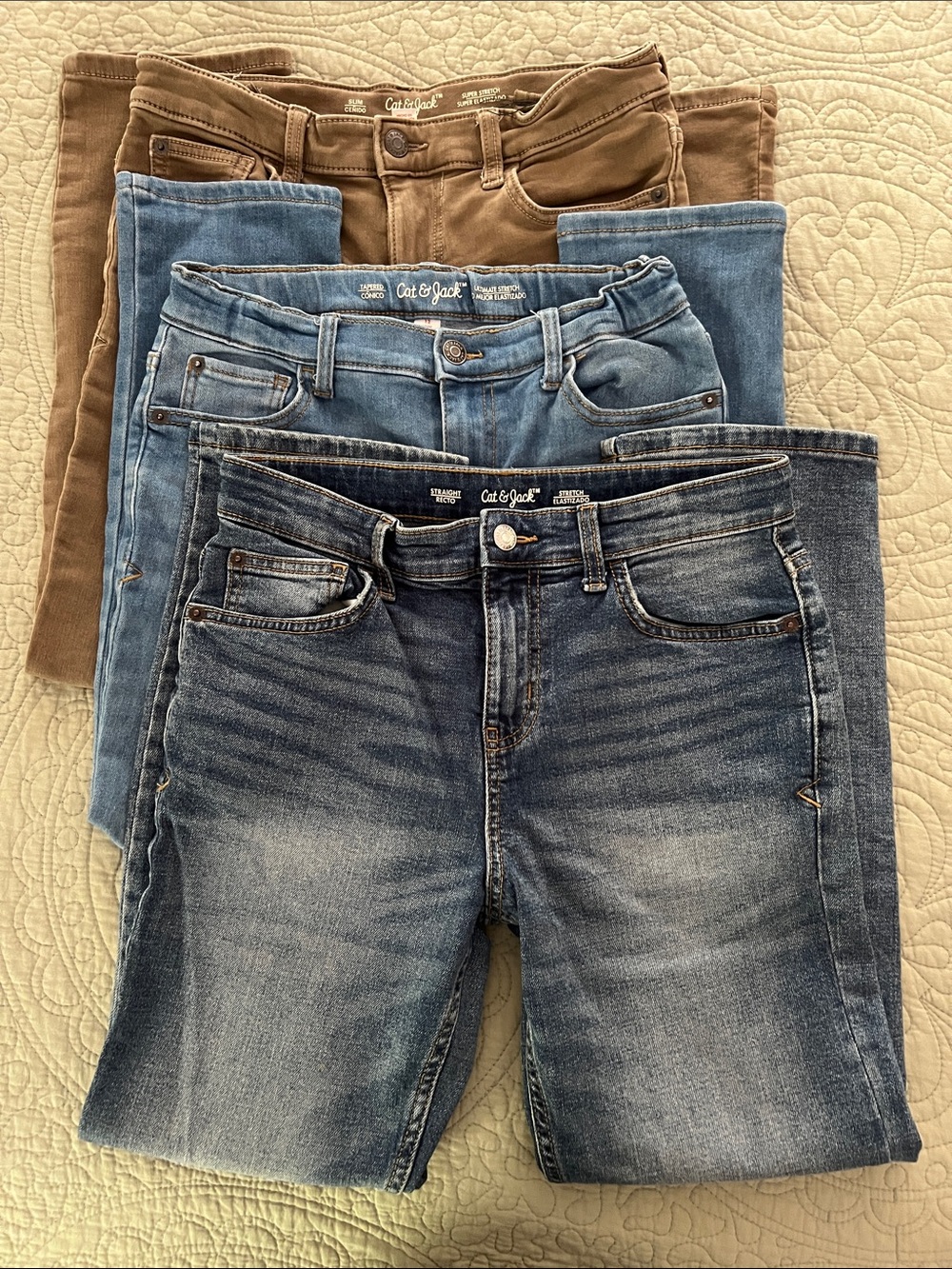 Cat & Jack Boy’s Jeans Trio - Dark Blue, Light Blue & Tan